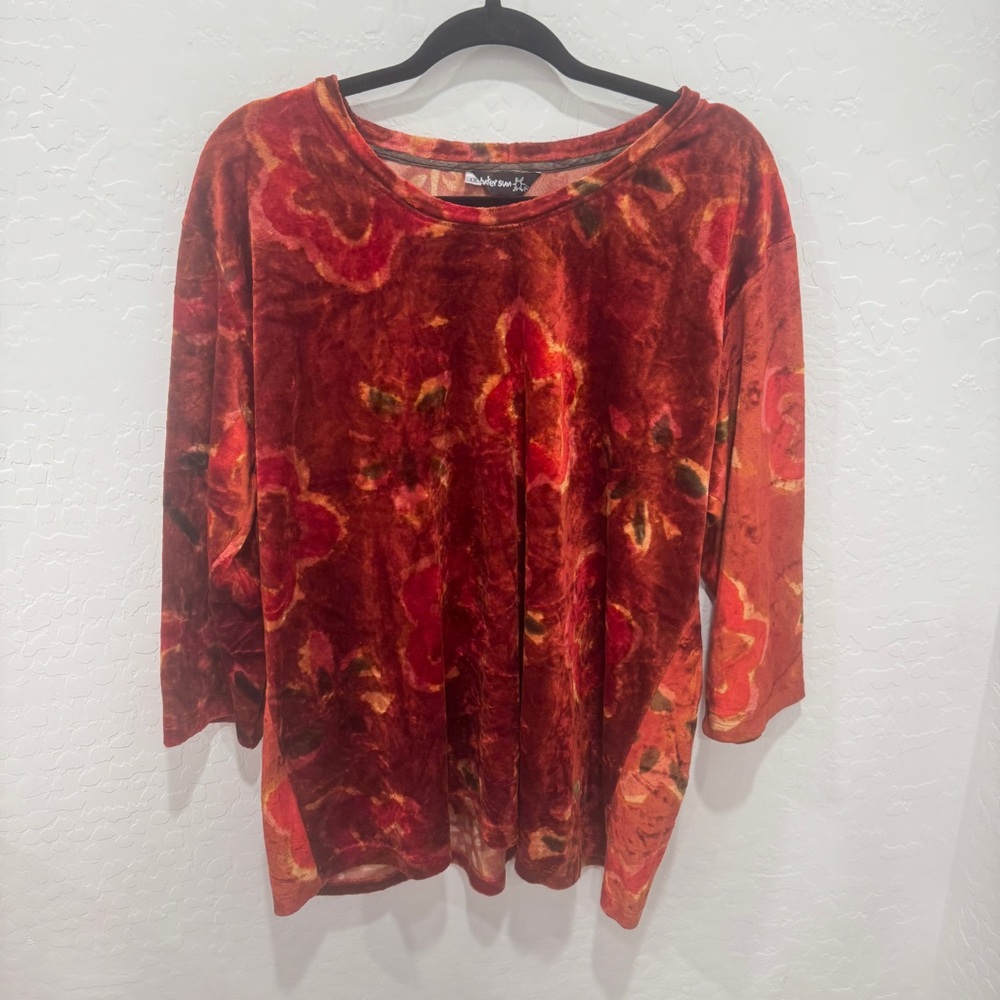 Winter Sun Art to Wear Shirt Womens 1X Floral Velvet Artsy Lagenlook